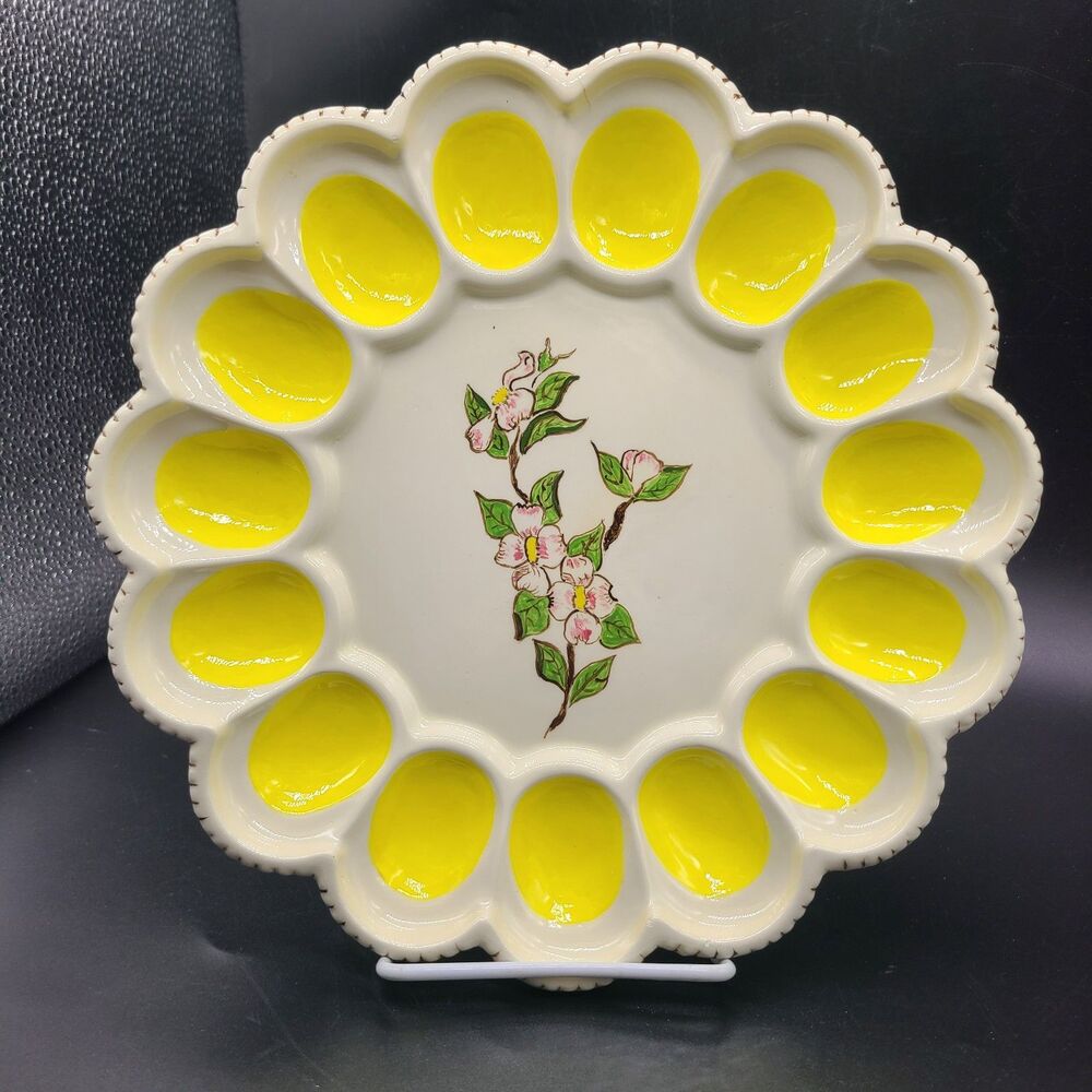 VTG 1990 Hand Painted Deviled Easter Egg Plate Platter 15 Eggs Ceramic Floral